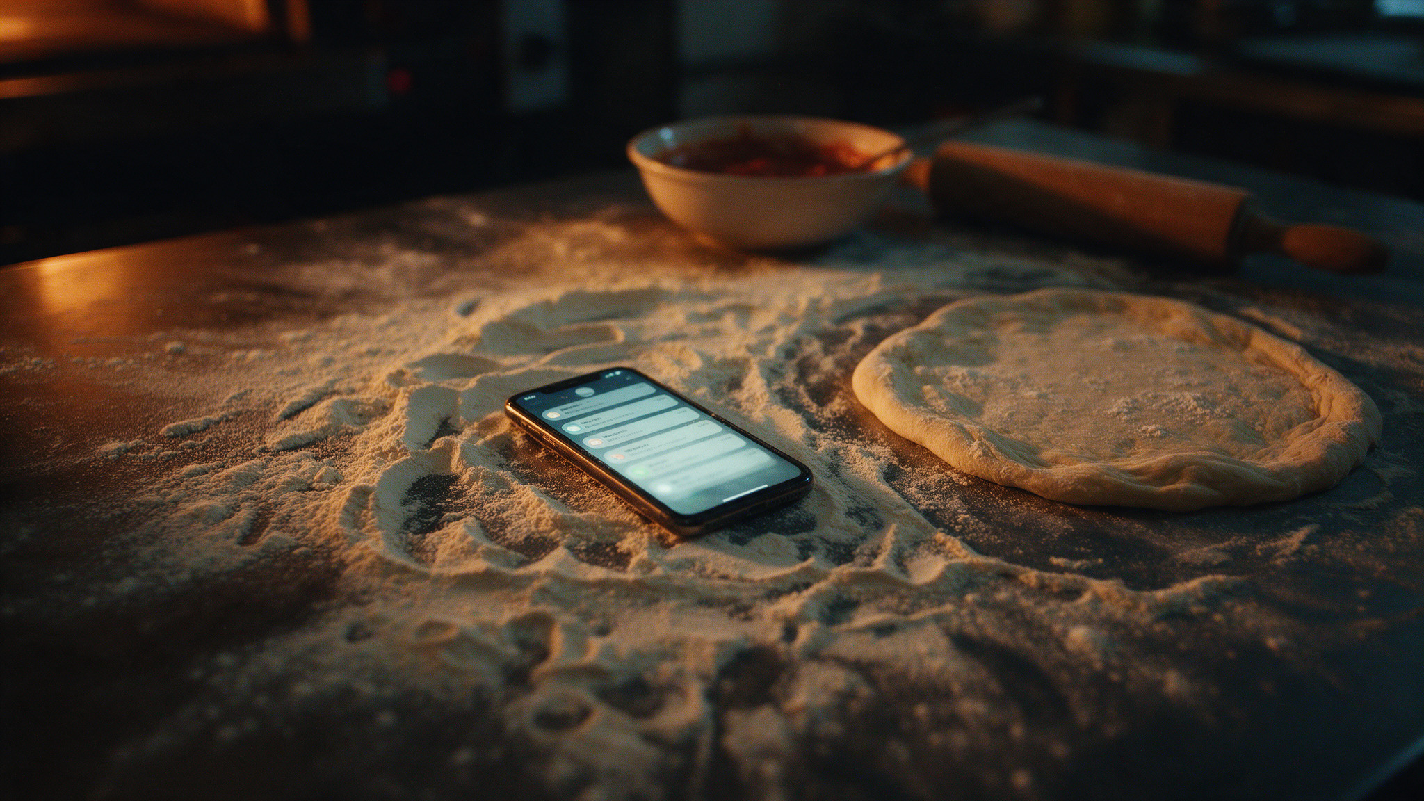 Celular sobre a bancada de preparo de pizzas