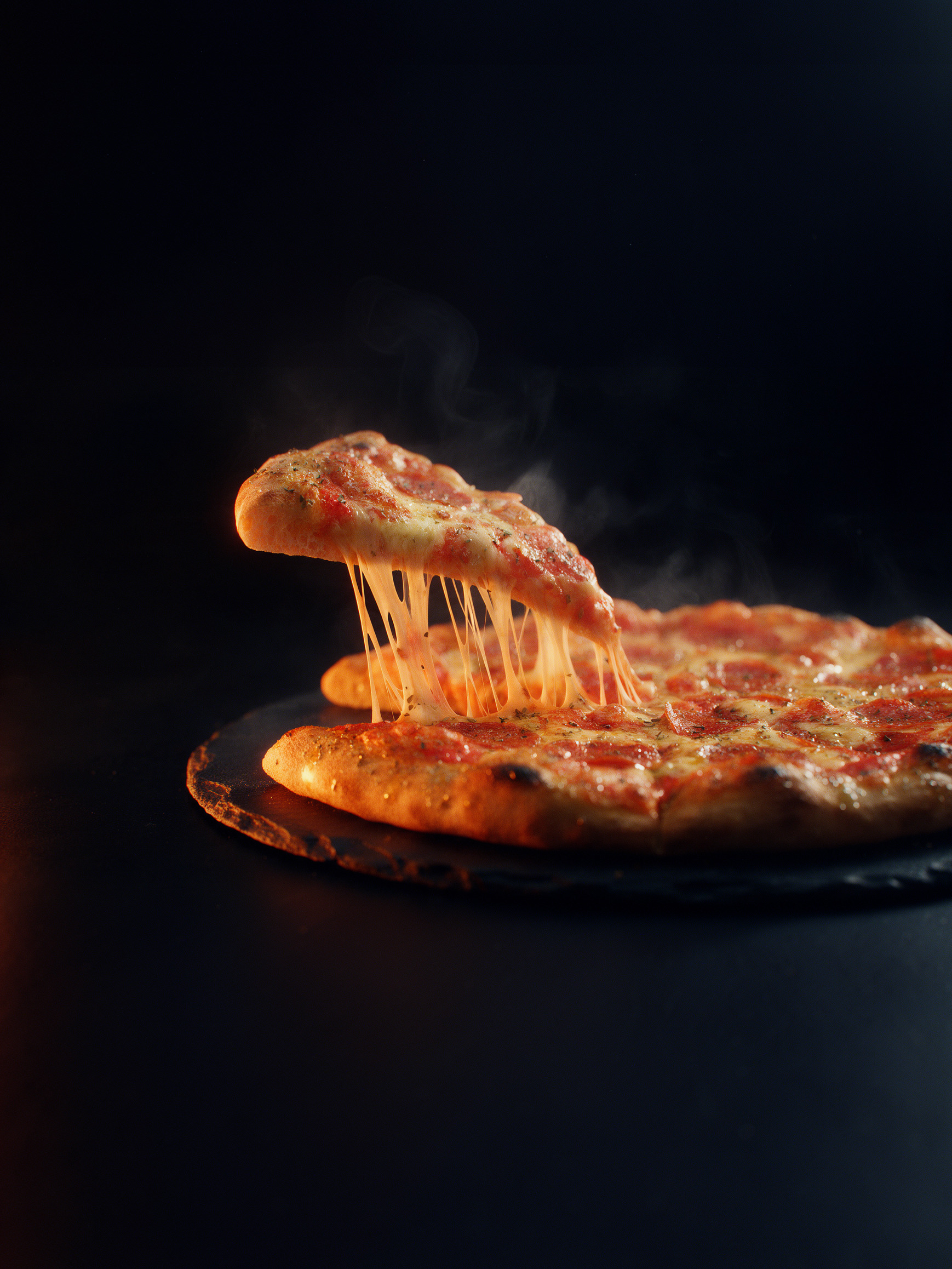 Fatia de pizza sendo puxada com o queijo esticando